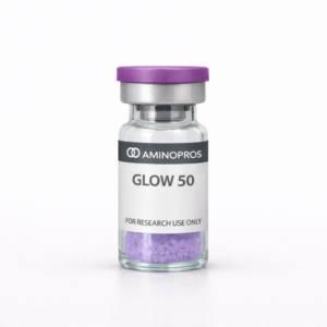 Glow 50 peptide AminoPros vial with purple cap and lyophilized powder