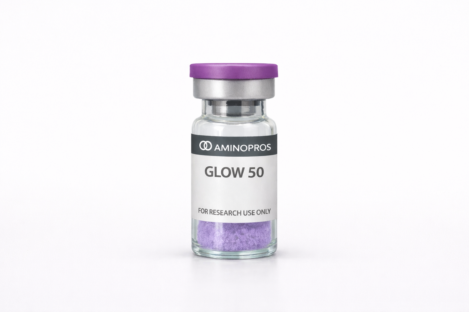 Glow 50 peptide AminoPros vial with purple cap and lyophilized powder